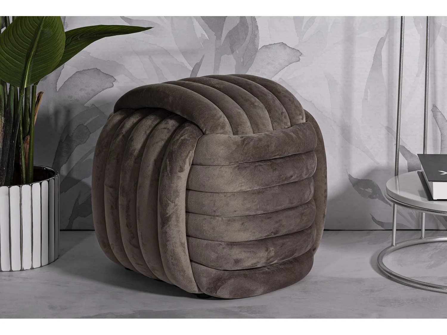 Puf diseño trenzado acolchado en terciopelo estilo moderno Softy - Gris