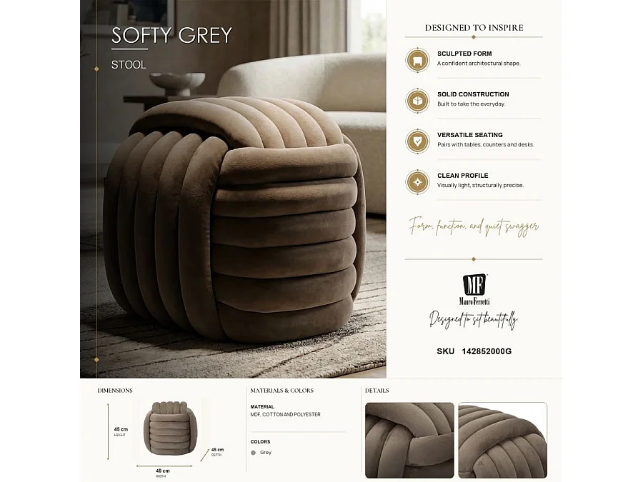 Puf diseño trenzado acolchado en terciopelo estilo moderno Softy - Gris