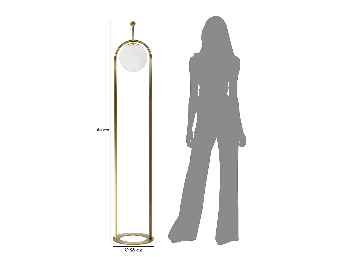 Staande lamp GLAMY ARC Ø 28X168 van goudkleurig metaal met wit glazen lampenkap