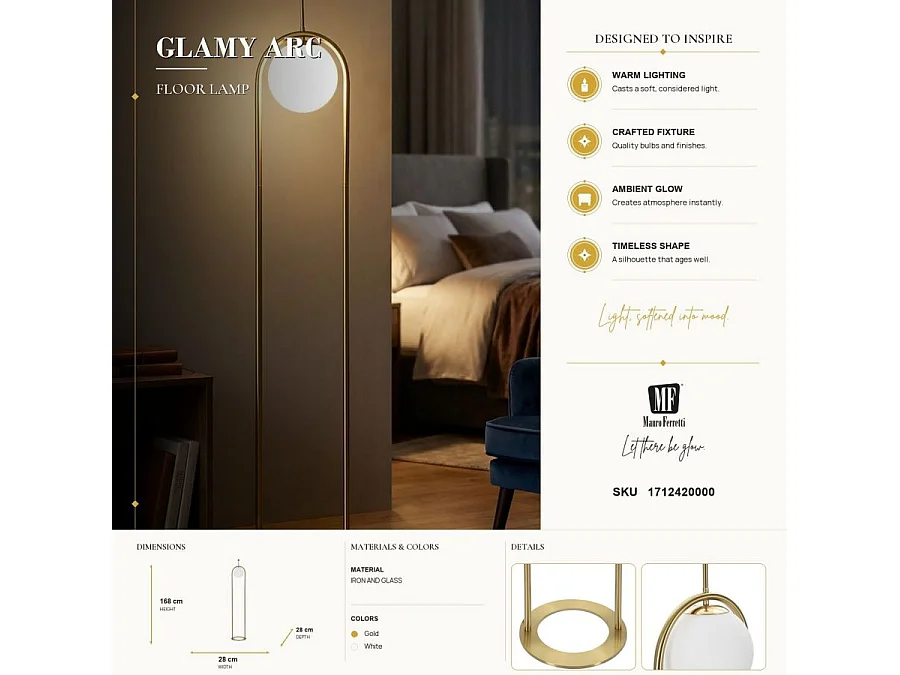 Staande lamp GLAMY ARC Ø 28X168 van goudkleurig metaal met wit glazen lampenkap