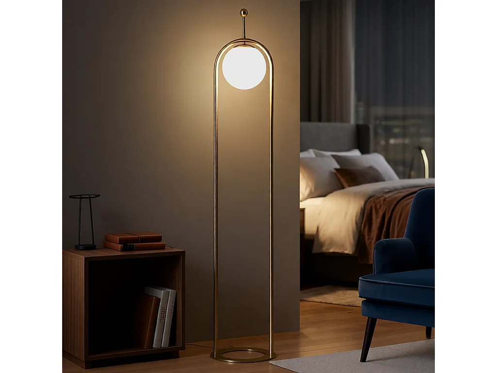 Stehlampe GLAMY ARC Ø 28X168 aus goldenem Metall mit weißem Glasschirm