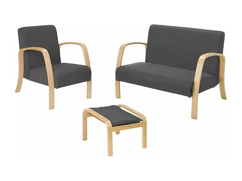 Sofá, sillón, reposapiés de salón escandinavo de madera y tela Gyda - Gris Oscuro