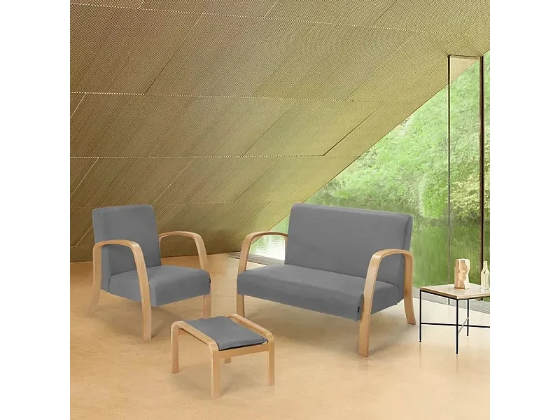 Sofá, sillón, reposapiés de salón escandinavo de madera y tela Gyda - Gris Oscuro