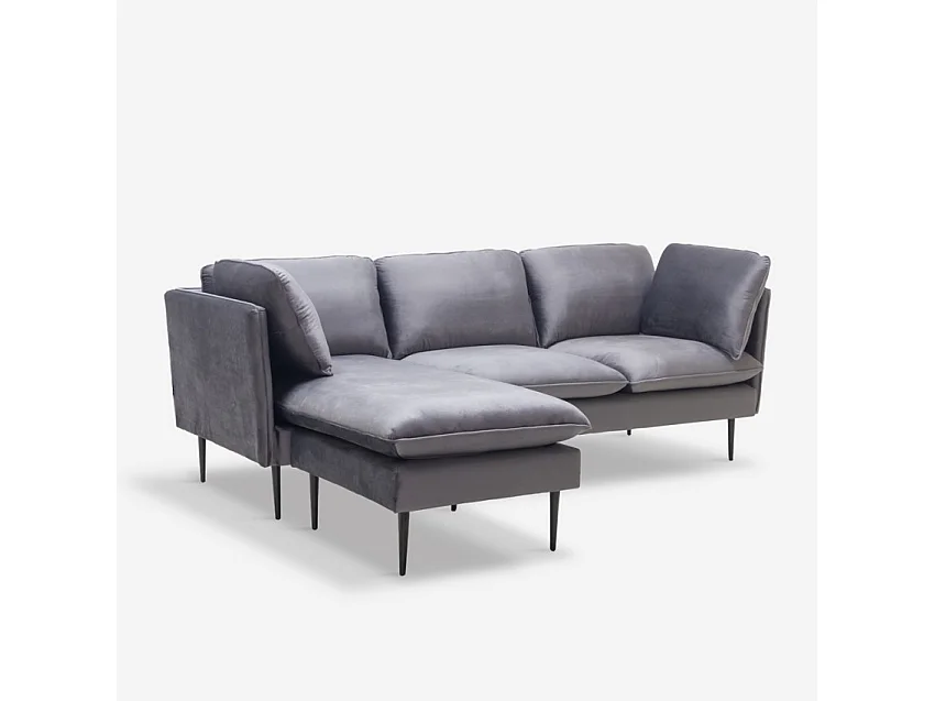Canapé d'angle 3 places modulable en velours gris avec pieds noirs Sortes
