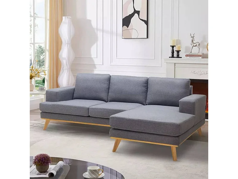 Divano angolare scandinavo 3 posti chaise longue tessuto grigio Faggio