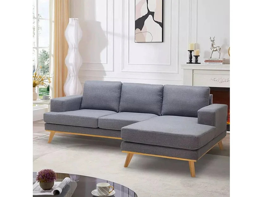 Canapé d'angle scandinave 3 places avec méridienne en tissu gris Miles