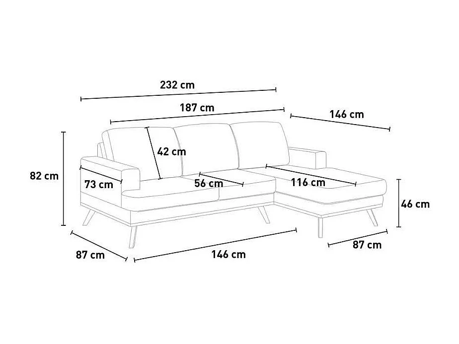 Canapé d'angle scandinave 3 places avec méridienne en tissu gris Miles