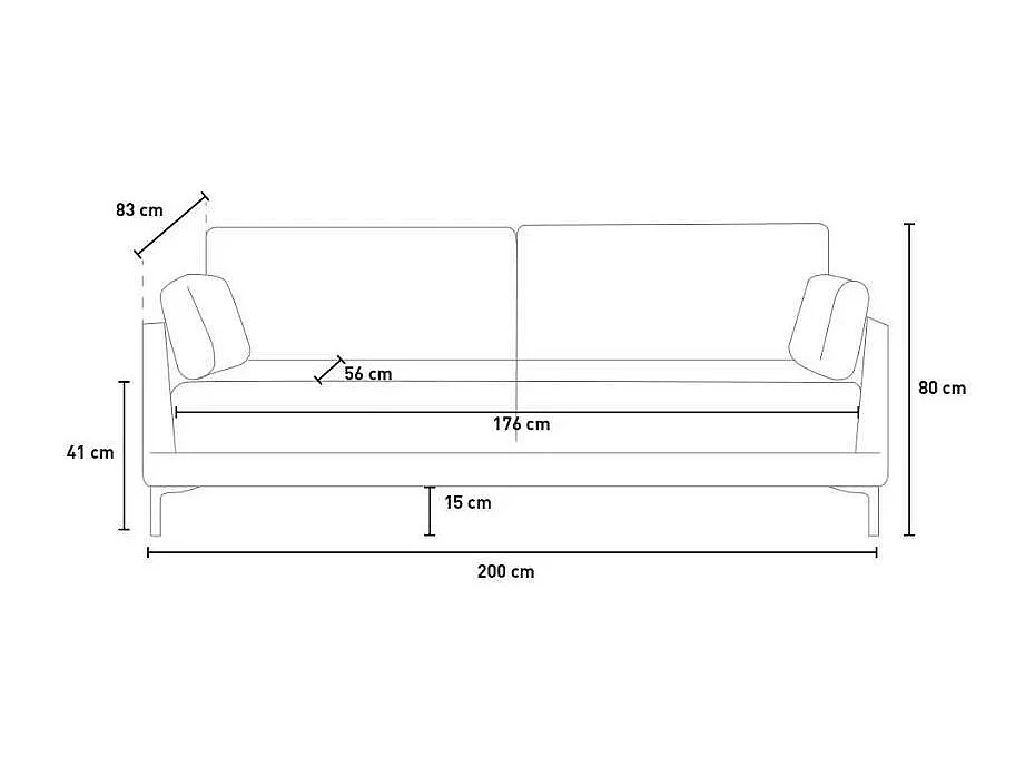 Sofá 3 plazas 200 cm tela salón moderno patas metálicas Boray. - Negro