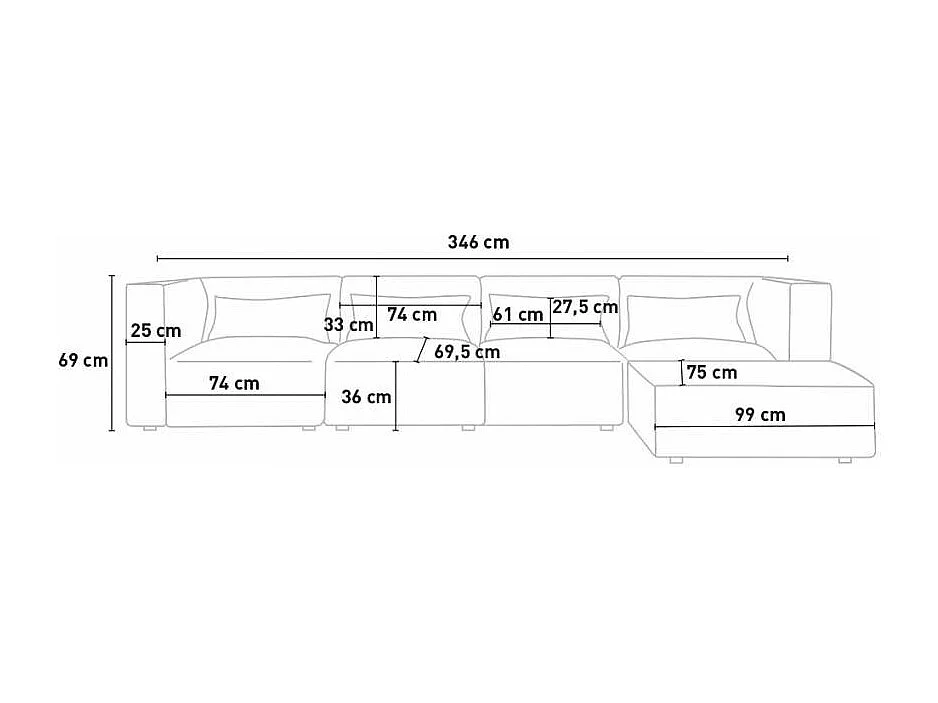 Sofá 4 plazas modular seccional moderno de tela con pouf Solv