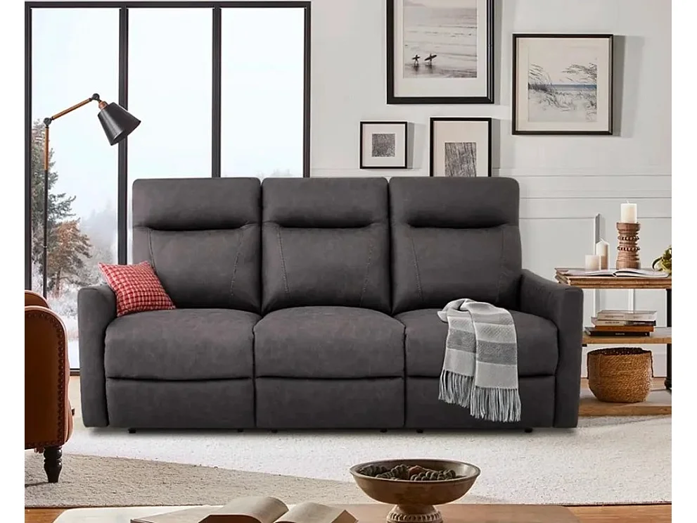 Sofá de 3 plazas con mecanisco de relax eléctrico, reclinable y 2 puertos USB en polipiel Jovit - Gris Oscuro