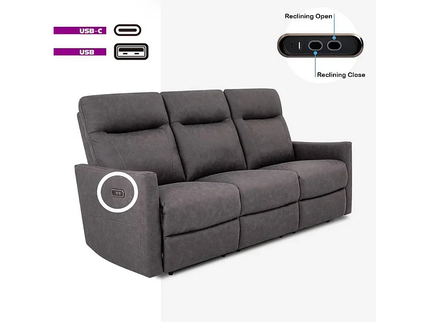 Sofá de 3 plazas con mecanisco de relax eléctrico, reclinable y 2 puertos USB en polipiel Jovit - Gris Oscuro
