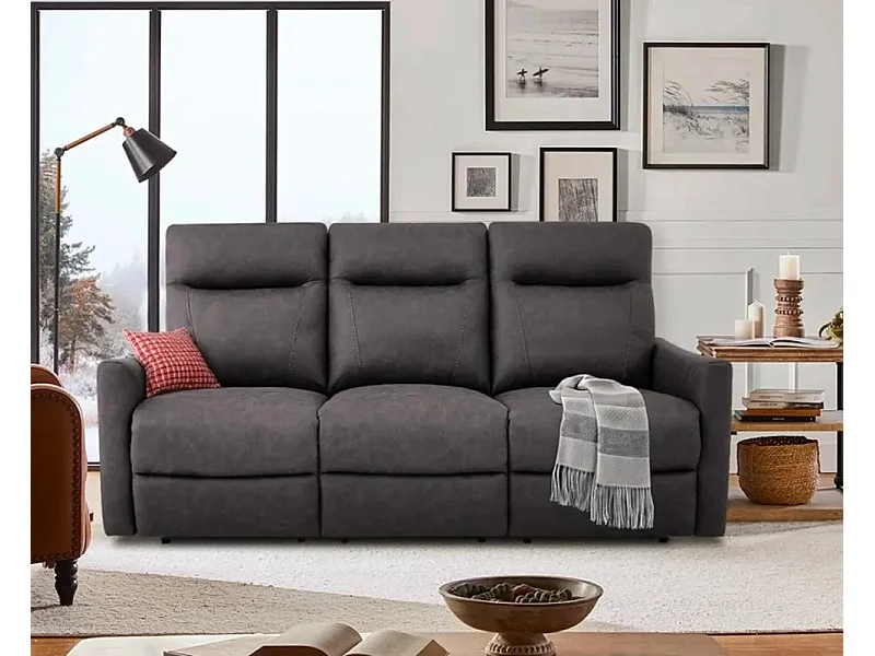 Sofá de 3 plazas con mecanisco de relax eléctrico, reclinable y 2 puertos USB en polipiel Jovit - Gris Oscuro