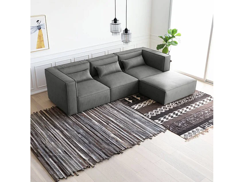 Sofá modular 3 plazas en tela moderno con pouf Solv