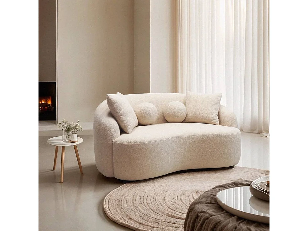 Sofa Design 2-Sitzer geschwungen beige Teddybouclé-Stoff Lazy