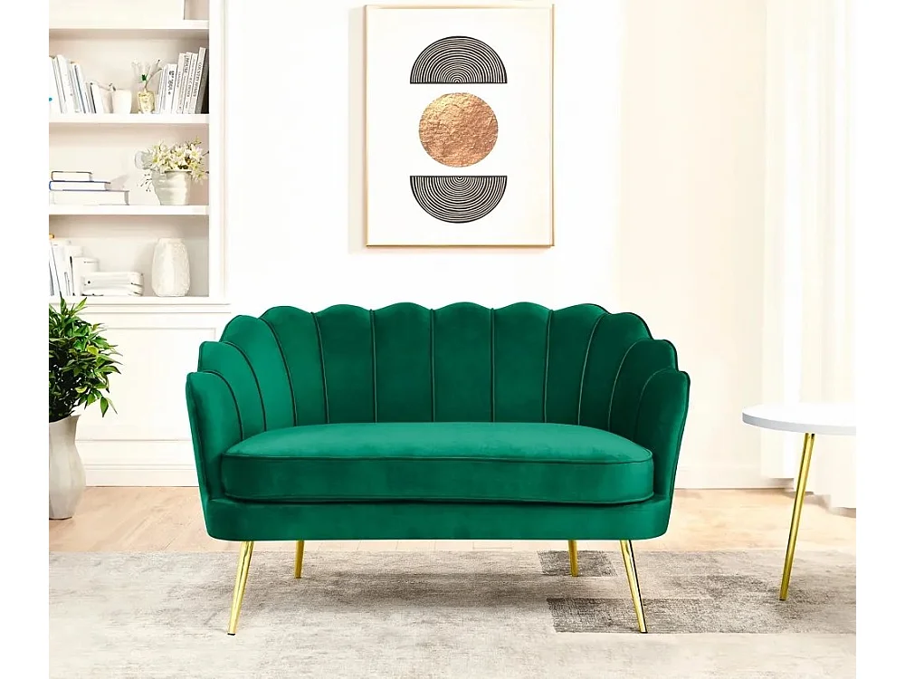 Sofá de 2 plazas de terciopelo con forma de concha estilo vintage con patas doradas Balos - Verde oscuro
