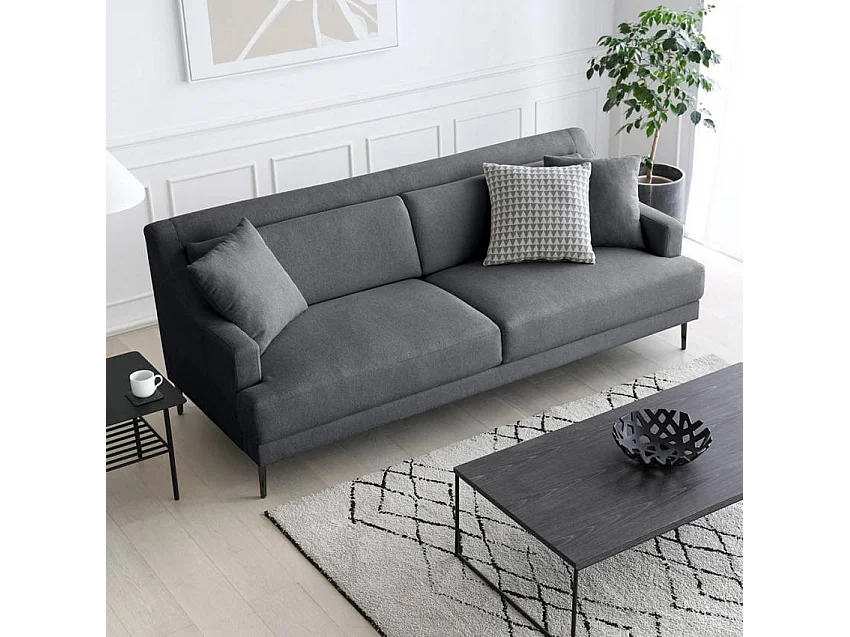 Sofá 3 plazas cómodo diseño patas metálicas 200 cm tejido negro Egbert