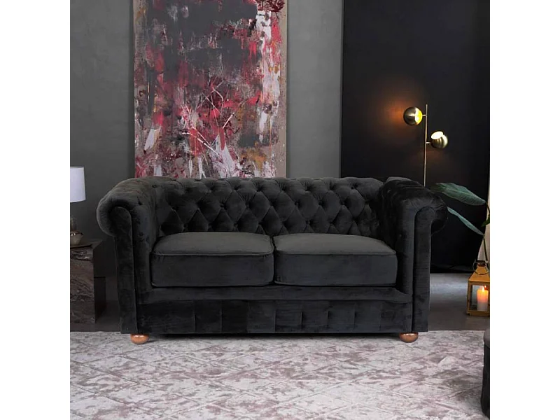 Sofá de tela aterciopelada 2 Plazas Capitoné Diseño Chesterfield - Negro