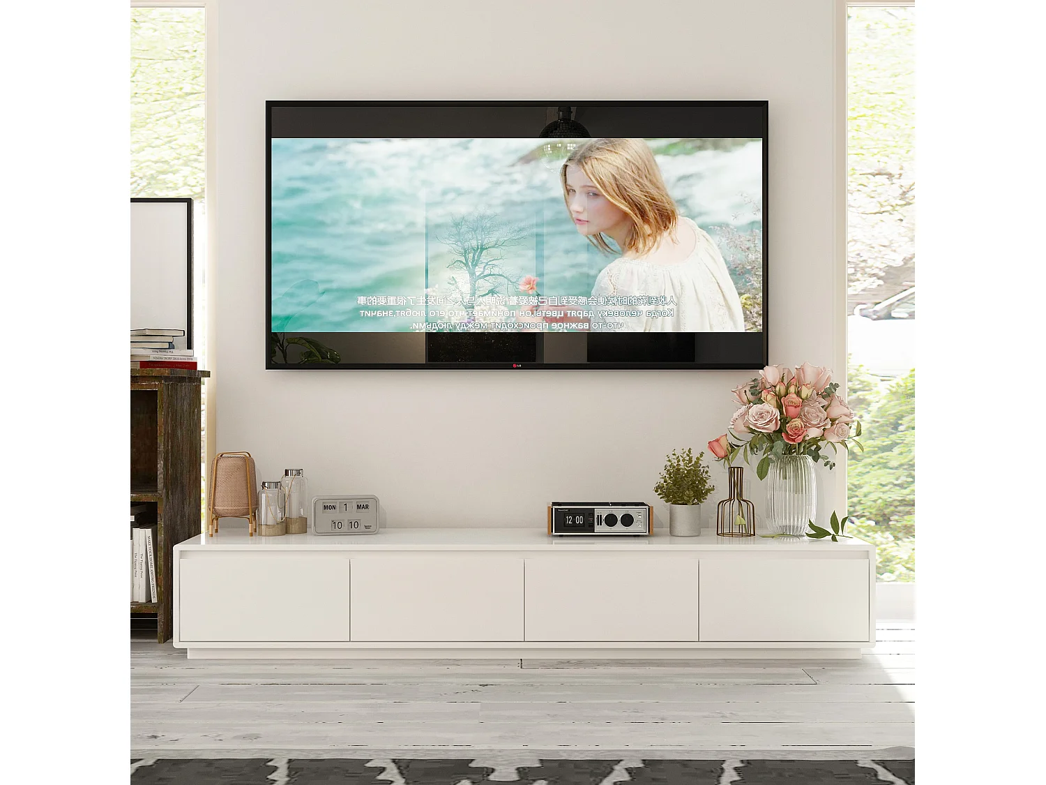 Meuble TV avec Lumière LED tricolore,4 tiroirs,Support TV,Table basse,Salon,Chambre,Blanc,180x40x30cm