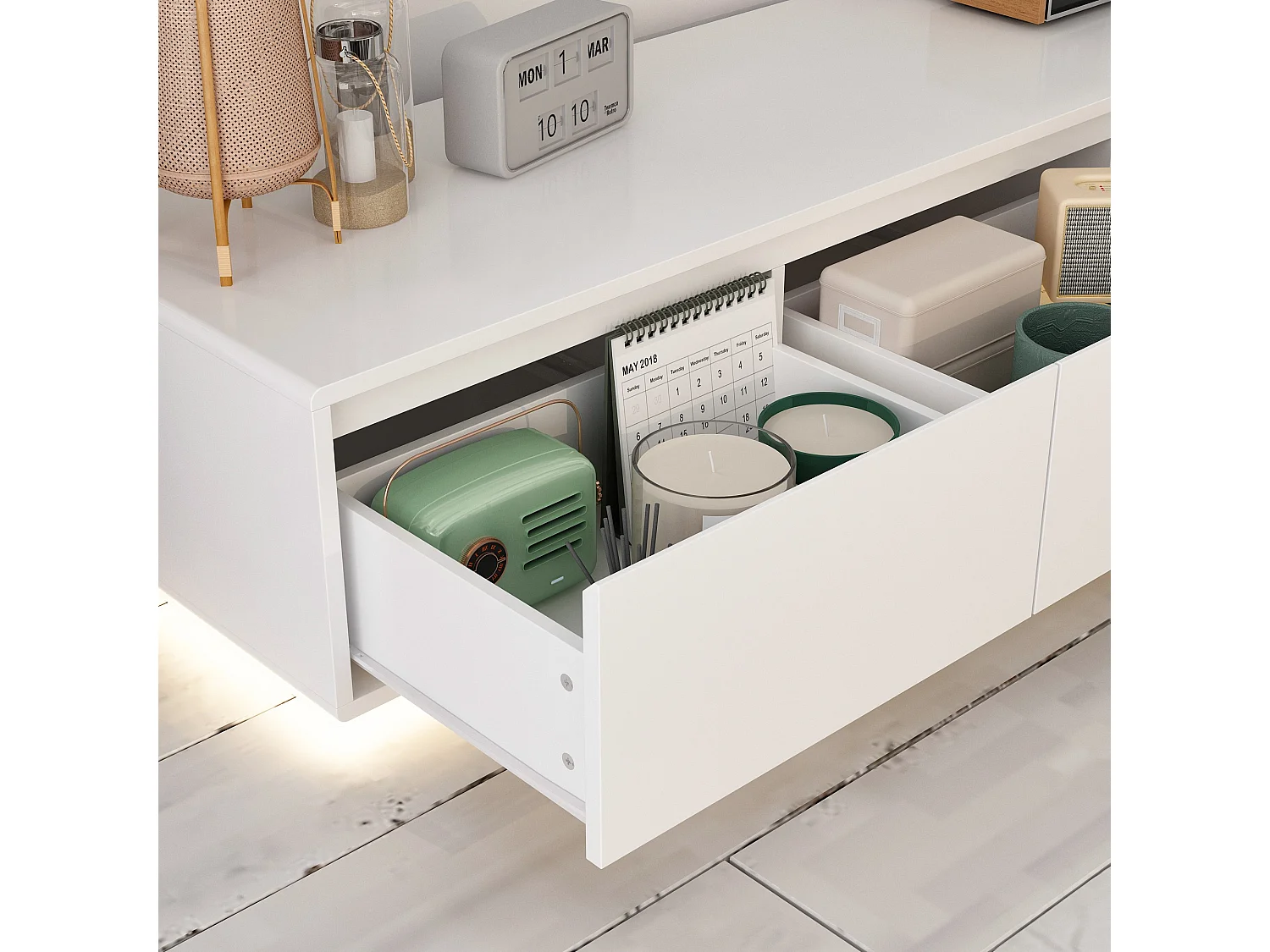 Meuble TV avec Lumière LED tricolore,4 tiroirs,Support TV,Table basse,Salon,Chambre,Blanc,180x40x30cm