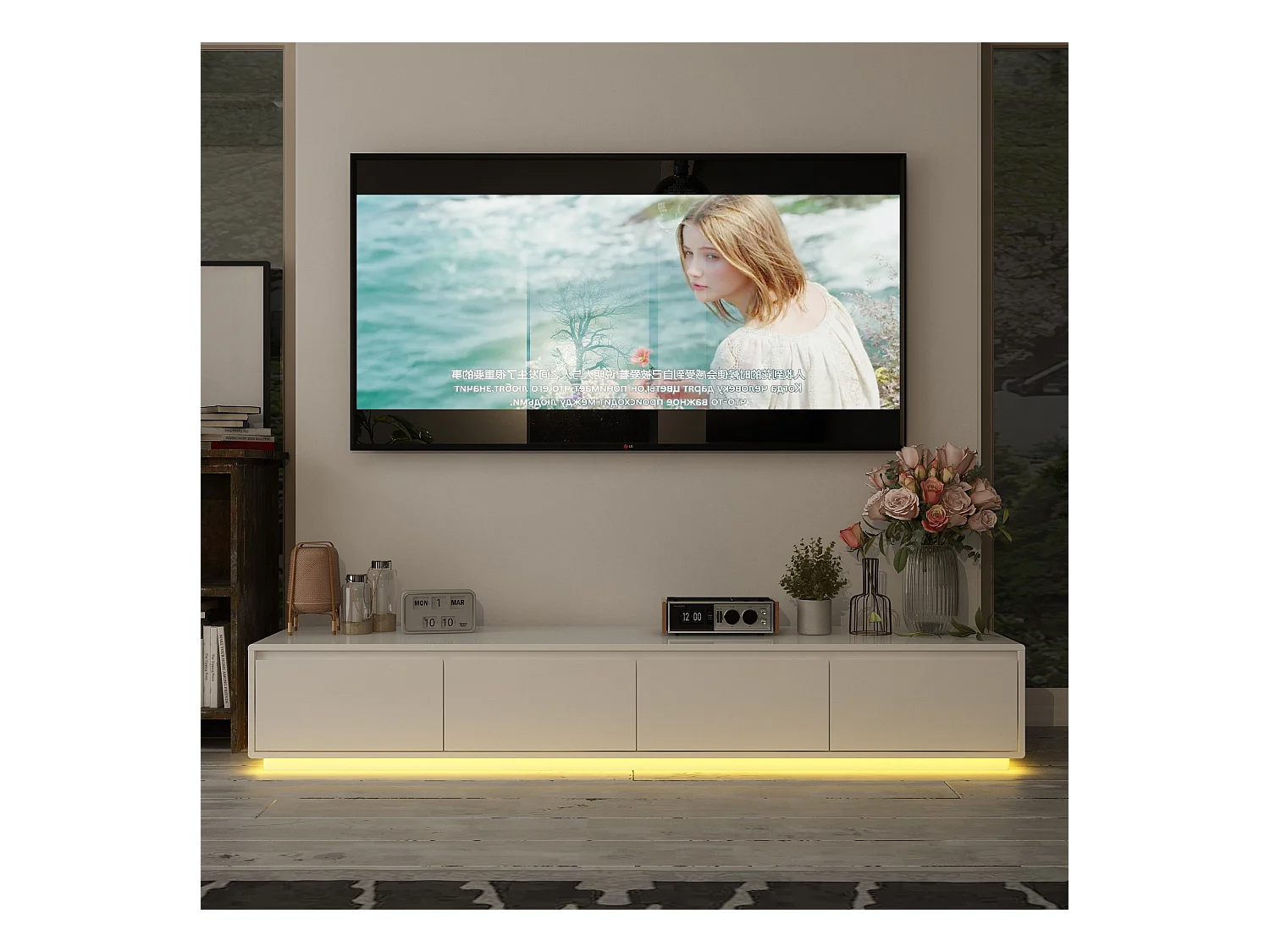 Meuble TV avec Lumière LED tricolore,4 tiroirs,Support TV,Table basse,Salon,Chambre,Blanc,180x40x30cm
