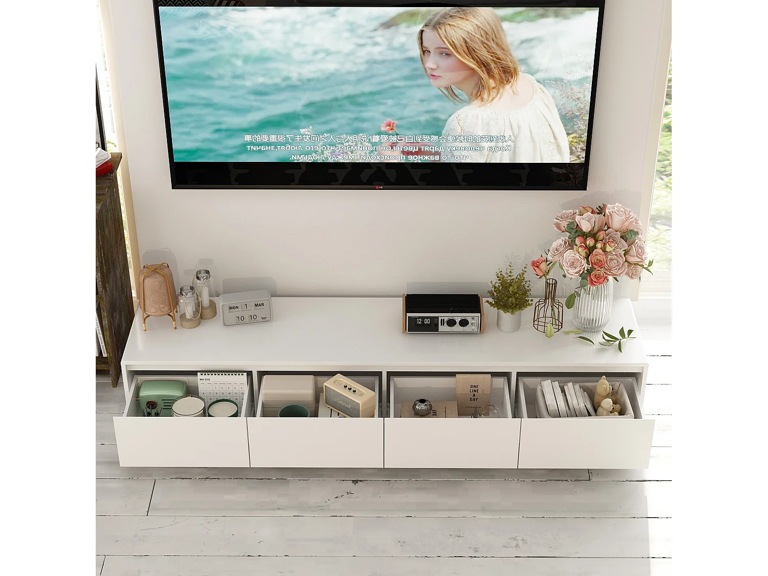 Meuble TV avec Lumière LED tricolore,4 tiroirs,Support TV,Table basse,Salon,Chambre,Blanc,180x40x30cm