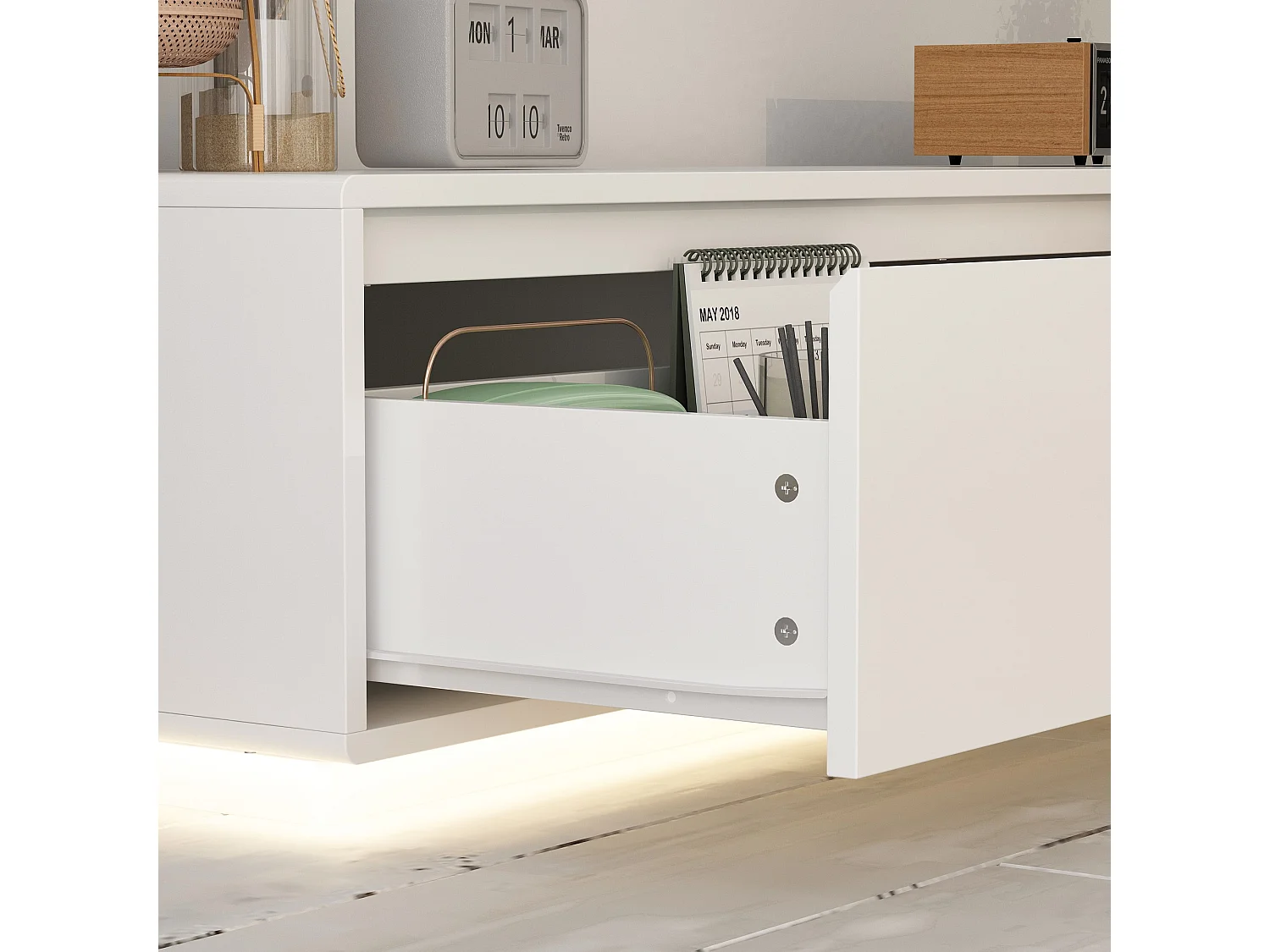 Meuble TV avec Lumière LED tricolore,4 tiroirs,Support TV,Table basse,Salon,Chambre,Blanc,180x40x30cm