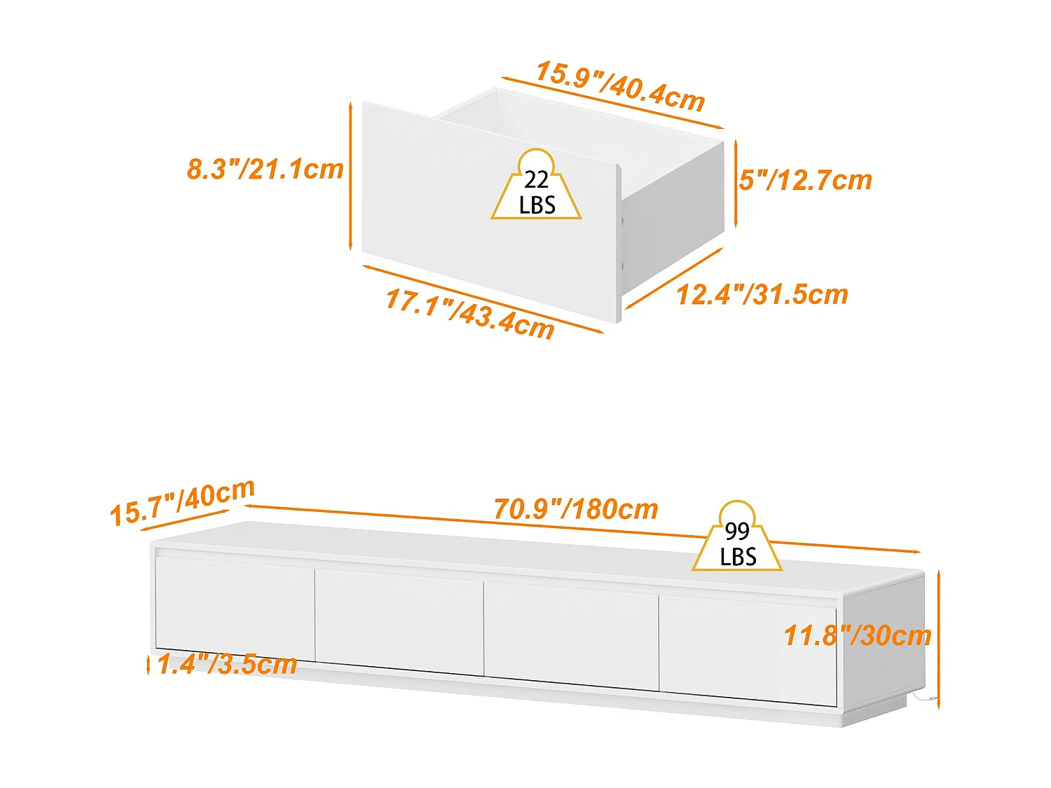 Meuble TV avec Lumière LED tricolore,4 tiroirs,Support TV,Table basse,Salon,Chambre,Blanc,180x40x30cm