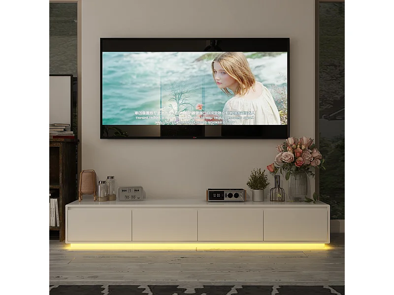 Meuble TV avec Lumière LED tricolore,4 tiroirs,Support TV,Table basse,Salon,Chambre,Blanc,180x40x30cm