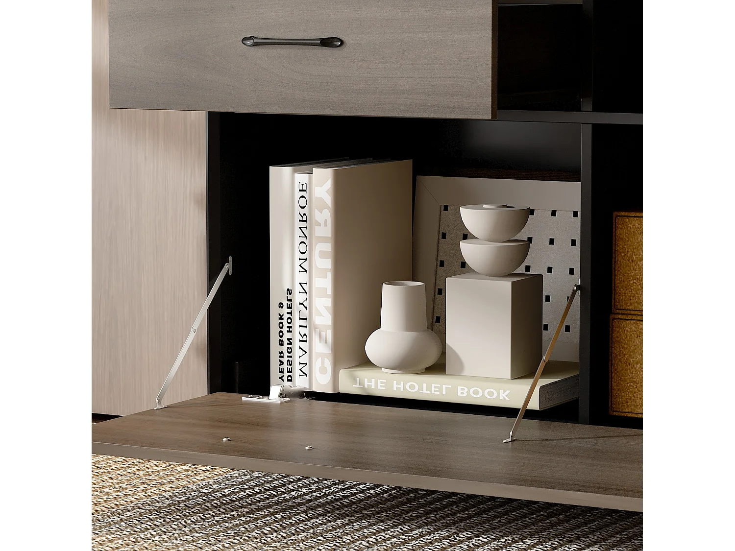 Meuble TV,support TV,Meuble bas,Porte de placard rabattable,2 Tiroirs,2 Armoire,160x68x40cm,Brun clair avec grain de bois