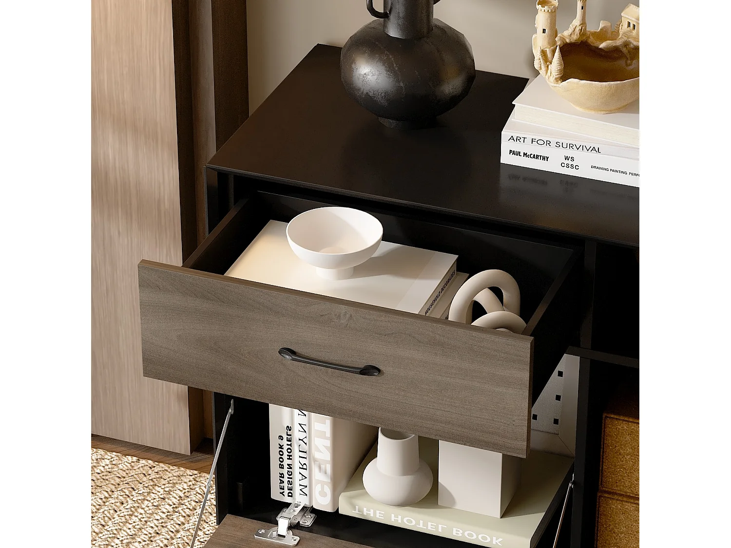 Meuble TV,support TV,Meuble bas,Porte de placard rabattable,2 Tiroirs,2 Armoire,160x68x40cm,Brun clair avec grain de bois