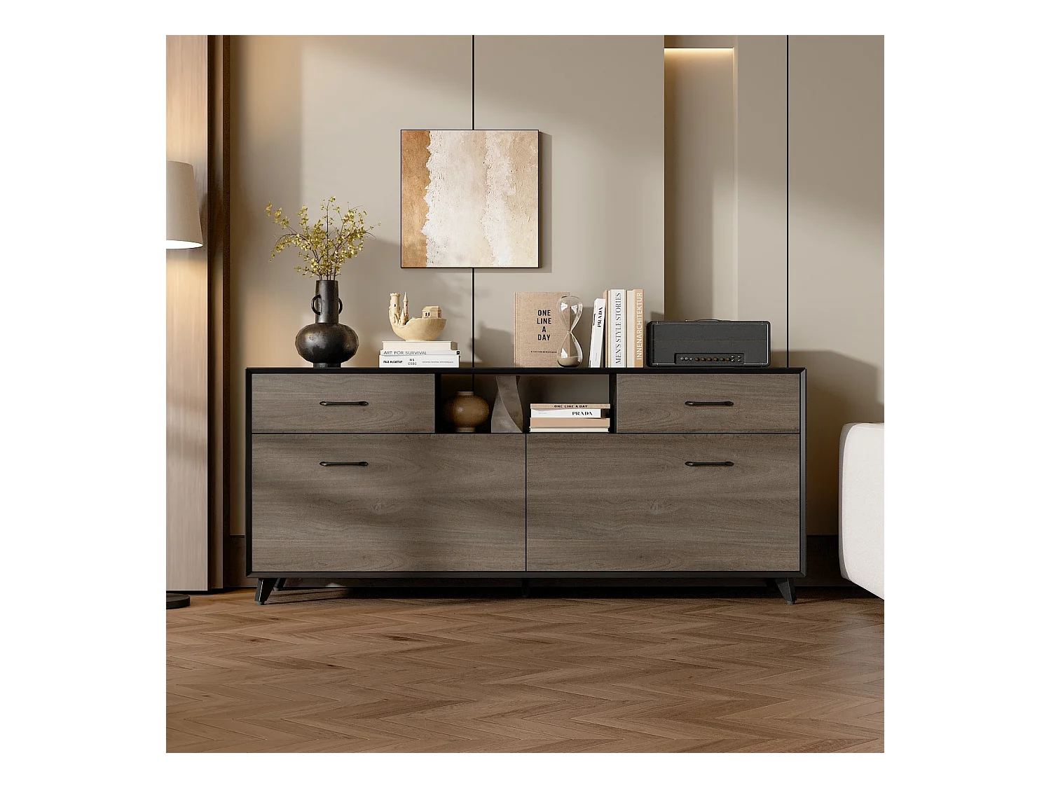 Meuble TV,support TV,Meuble bas,Porte de placard rabattable,2 Tiroirs,2 Armoire,160x68x40cm,Brun clair avec grain de bois