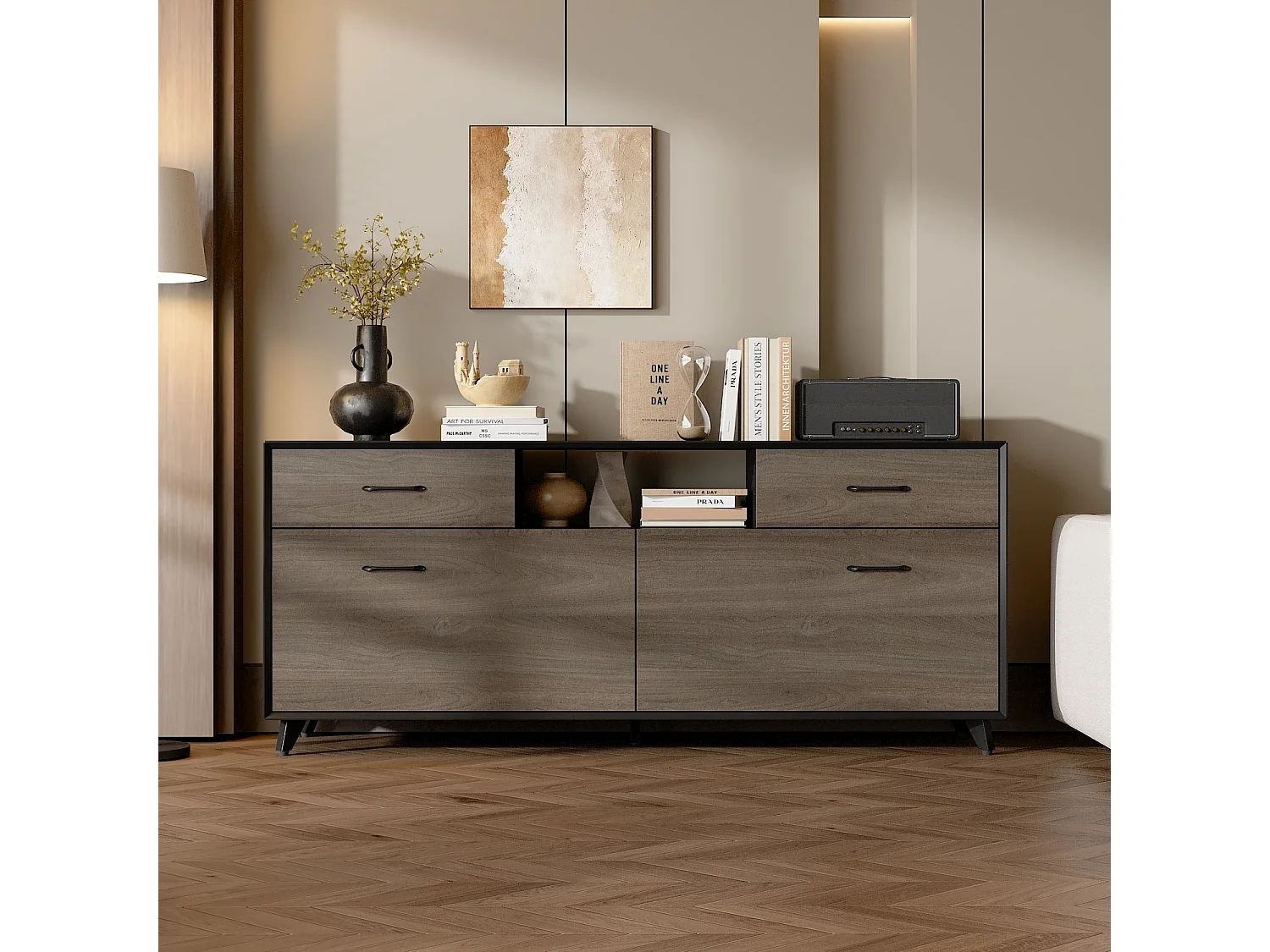 Meuble TV,support TV,Meuble bas,Porte de placard rabattable,2 Tiroirs,2 Armoire,160x68x40cm,Brun clair avec grain de bois