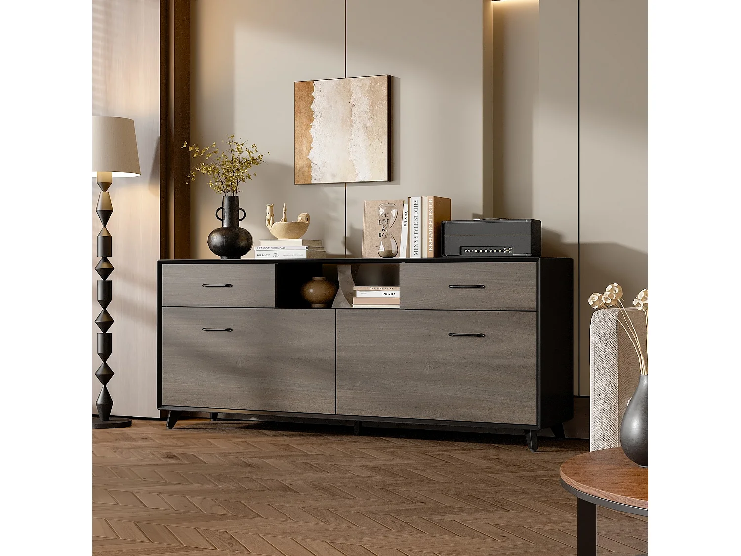 Meuble TV,support TV,Meuble bas,Porte de placard rabattable,2 Tiroirs,2 Armoire,160x68x40cm,Brun clair avec grain de bois