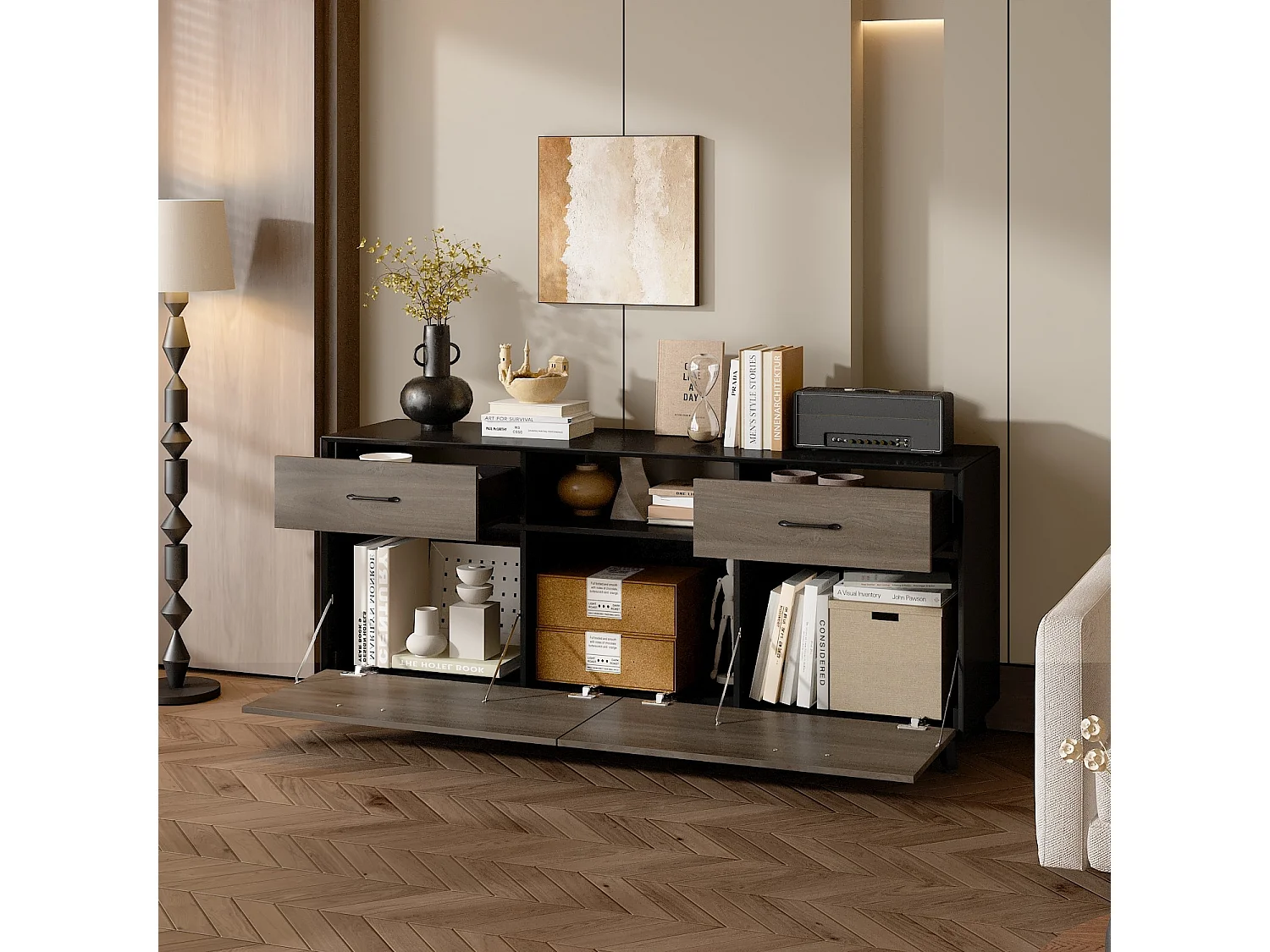 Meuble TV,support TV,Meuble bas,Porte de placard rabattable,2 Tiroirs,2 Armoire,160x68x40cm,Brun clair avec grain de bois