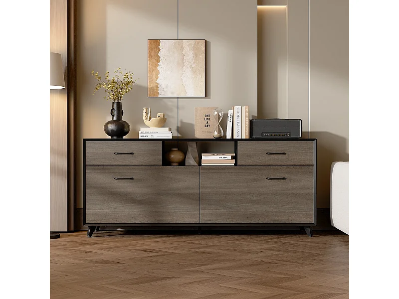 Meuble TV,support TV,Meuble bas,Porte de placard rabattable,2 Tiroirs,2 Armoire,160x68x40cm,Brun clair avec grain de bois