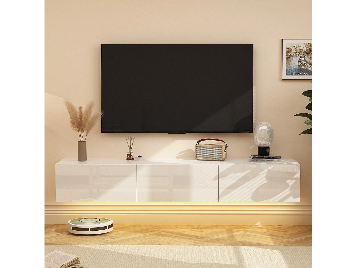 Meuble TV suspendu,Rampe lumineuse,3 tiroirs,Support TV suspendu,Table basse suspendue,Salon,Chambre,Blanc,160x35x25 cm