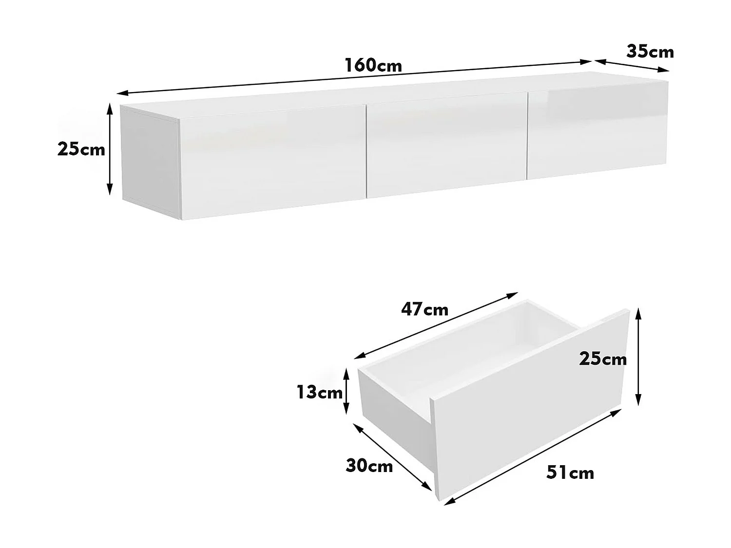 Meuble TV suspendu,Rampe lumineuse,3 tiroirs,Support TV suspendu,Table basse suspendue,Salon,Chambre,Blanc,160x35x25 cm