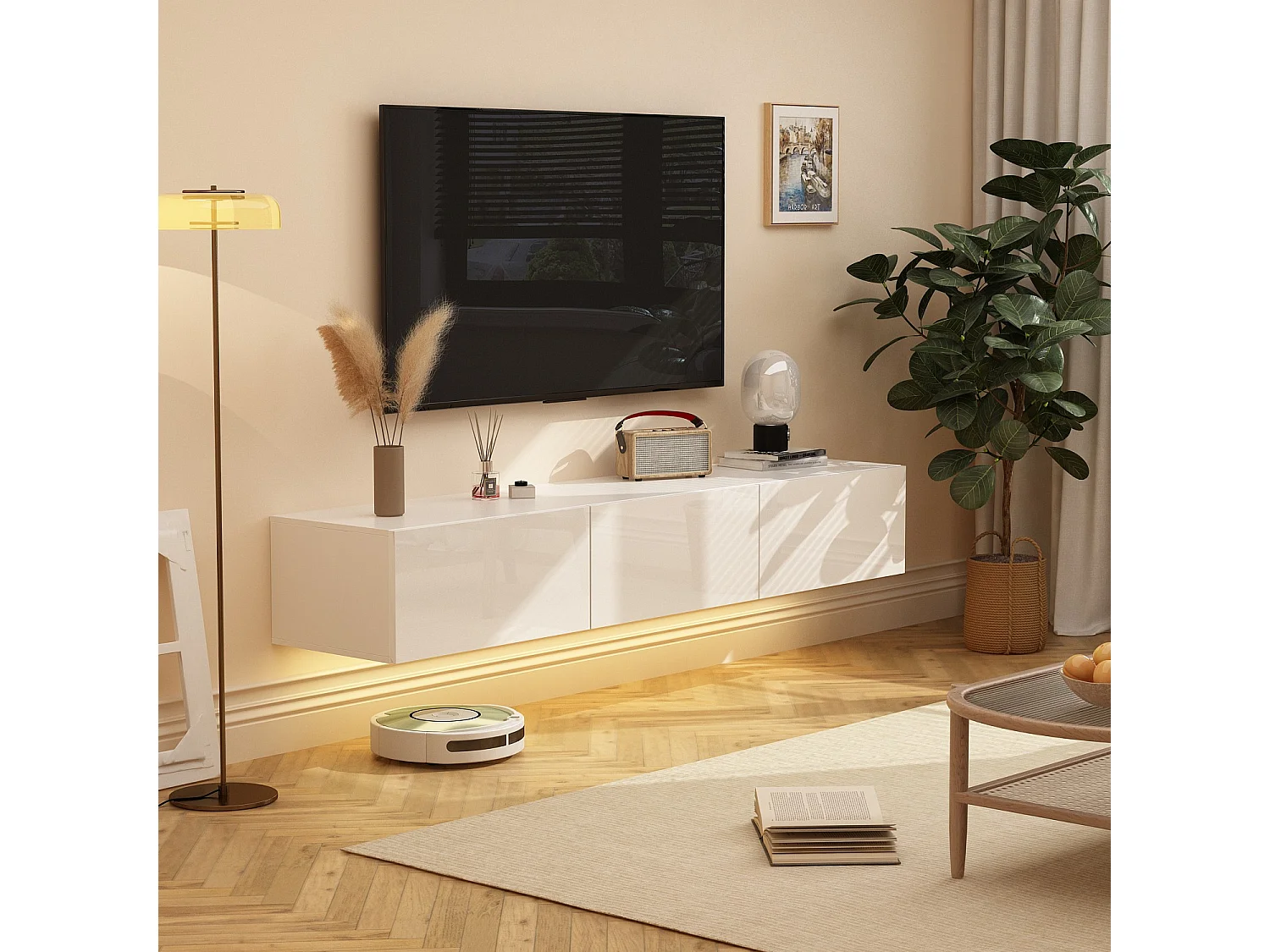 Meuble TV suspendu,Rampe lumineuse,3 tiroirs,Support TV suspendu,Table basse suspendue,Salon,Chambre,Blanc,160x35x25 cm