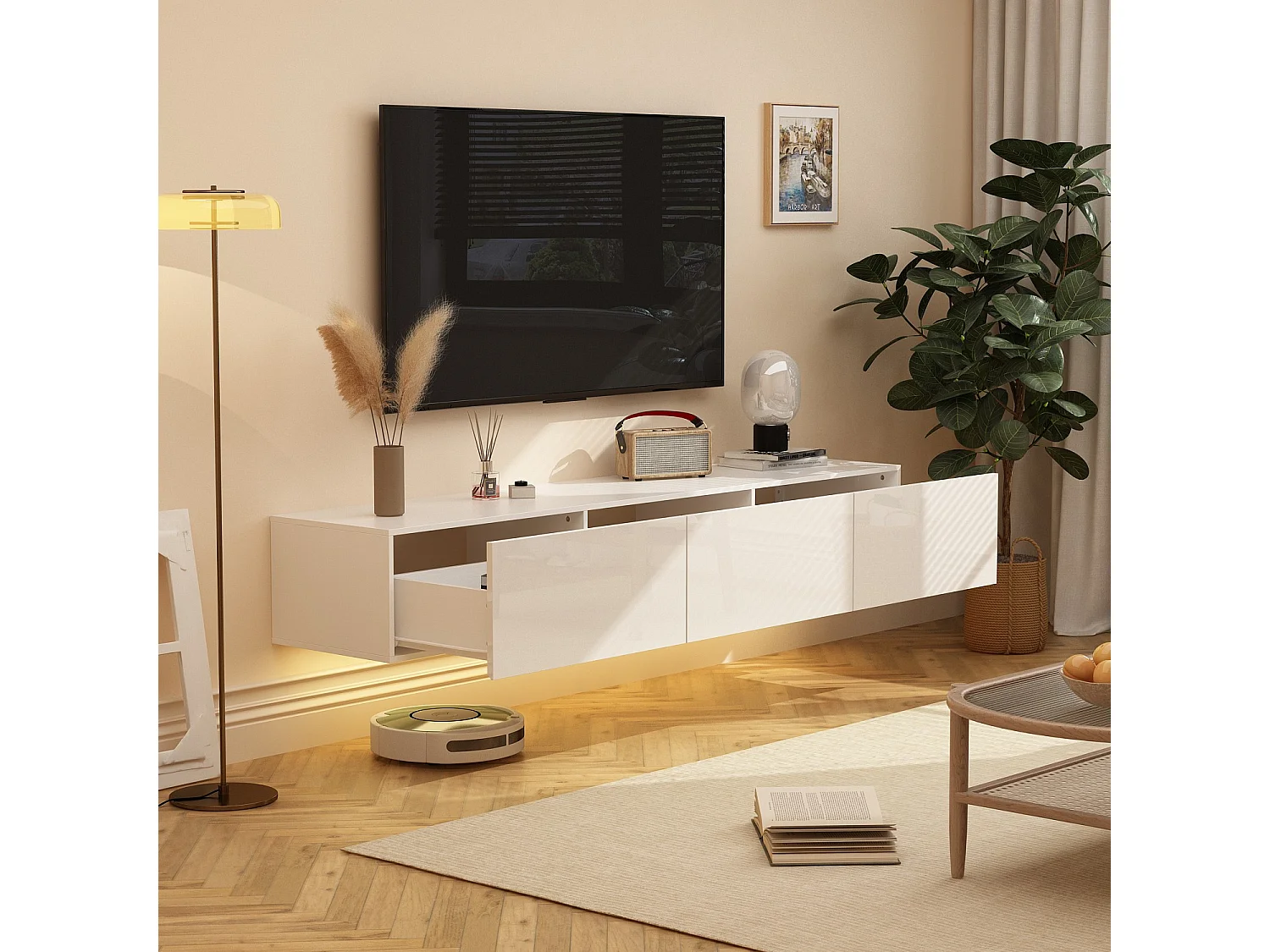 Meuble TV suspendu,Rampe lumineuse,3 tiroirs,Support TV suspendu,Table basse suspendue,Salon,Chambre,Blanc,160x35x25 cm