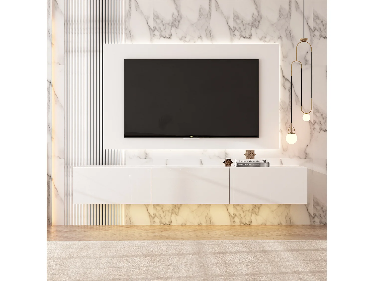 Meuble TV Mural avec 3 Tiroirs pour Salon, Meuble Bas Suspendu à Lumière LED Réglable, 160 x 35 x25cm, Blanc Brillant