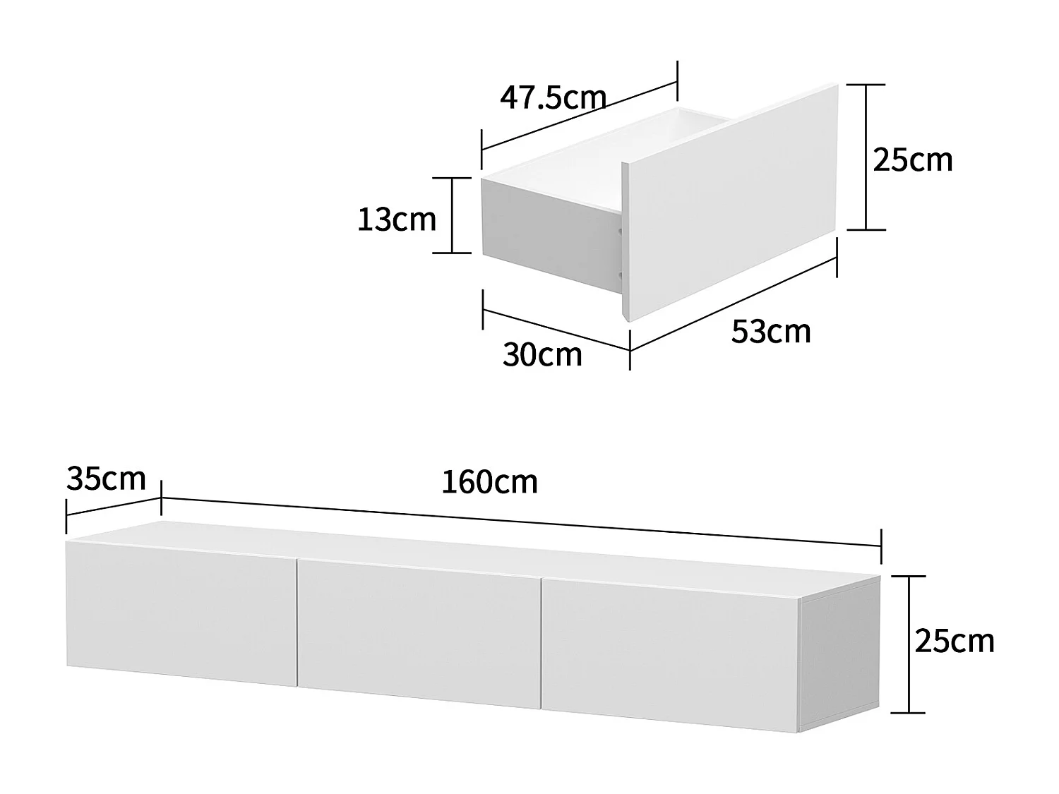 Meuble TV Mural avec 3 Tiroirs pour Salon, Meuble Bas Suspendu à Lumière LED Réglable, 160 x 35 x25cm, Blanc Brillant