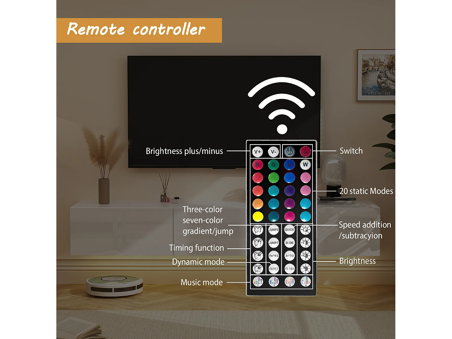 Meuble TV Mural avec 3 Tiroirs pour Salon, Meuble Bas Suspendu à Lumière LED Réglable, 160 x 35 x25cm, Blanc Brillant