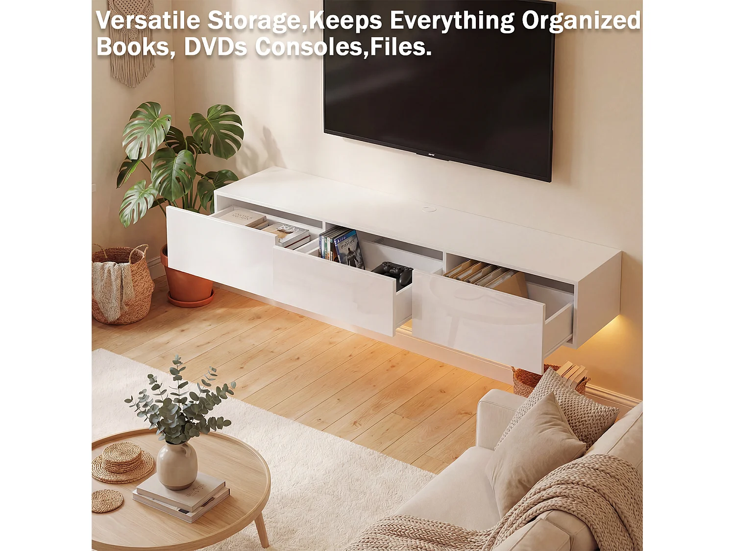 Meuble TV Mural avec 3 Tiroirs pour Salon, Meuble Bas Suspendu à Lumière LED Réglable, 160 x 35 x25cm, Blanc Brillant