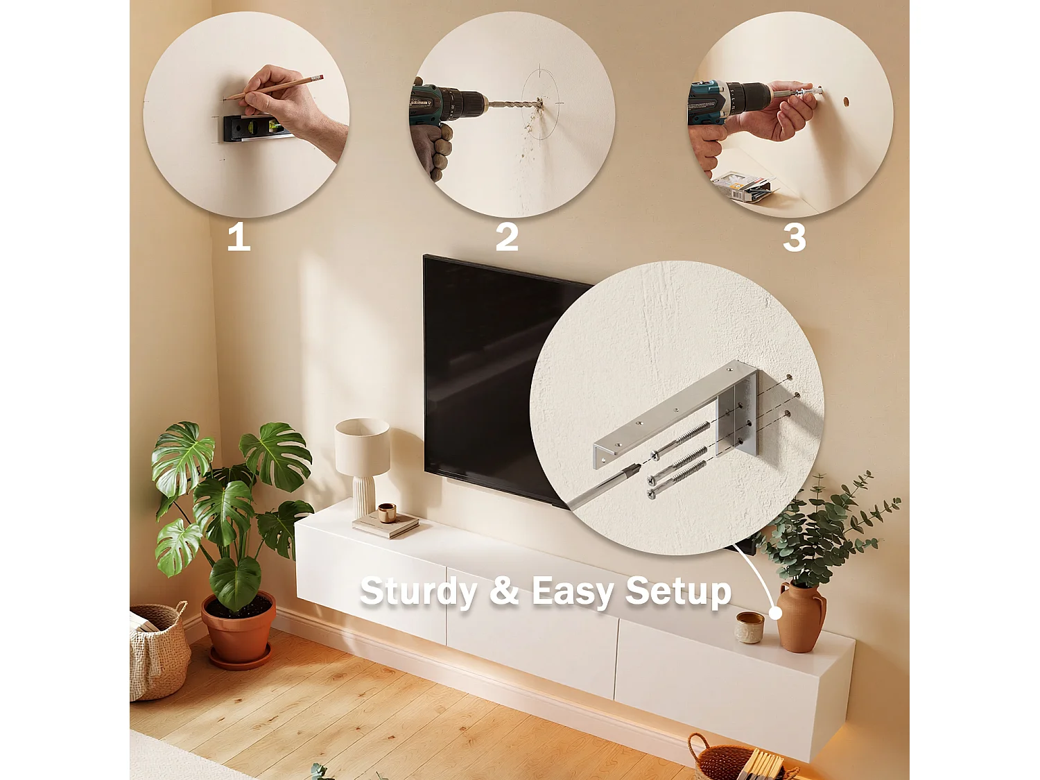 Meuble TV Mural avec 3 Tiroirs pour Salon, Meuble Bas Suspendu à Lumière LED Réglable, 160 x 35 x25cm, Blanc Brillant