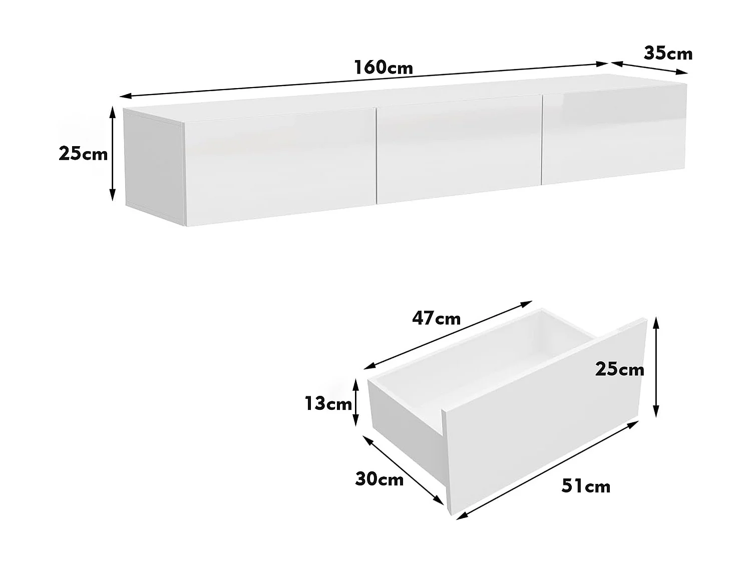 Meuble TV Mural avec 3 Tiroirs pour Salon, Meuble Bas Suspendu à Lumière LED Réglable, 160 x 35 x25cm, Blanc Brillant