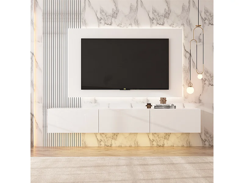 Meuble TV Mural avec 3 Tiroirs pour Salon, Meuble Bas Suspendu à Lumière LED Réglable, 160 x 35 x25cm, Blanc Brillant