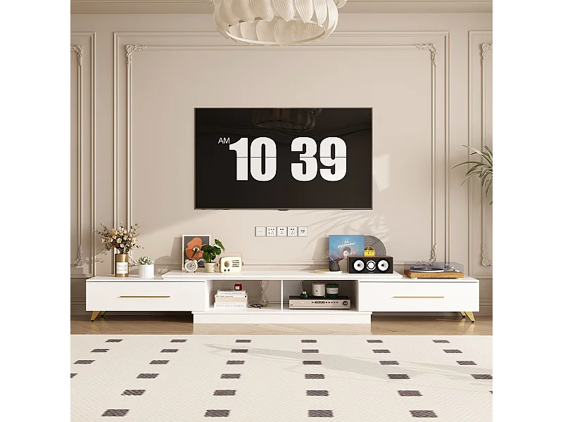 Meuble TV avec longueur réglable,support TV,Meuble bas,2 tiroirs,2 compartiments ouverts,238x30x40cm,Blanc