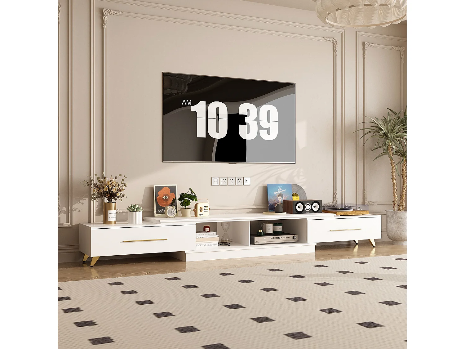 Meuble TV avec longueur réglable,support TV,Meuble bas,2 tiroirs,2 compartiments ouverts,238x30x40cm,Blanc