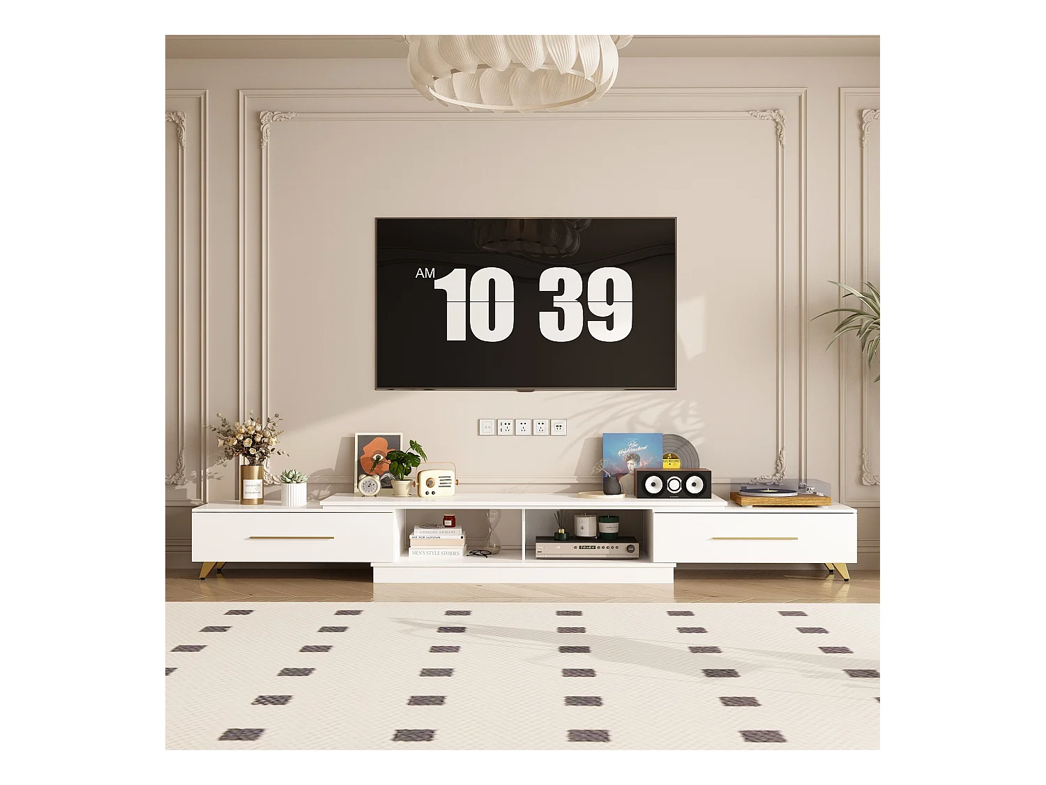 Meuble TV avec longueur réglable,support TV,Meuble bas,2 tiroirs,2 compartiments ouverts,238x30x40cm,Blanc