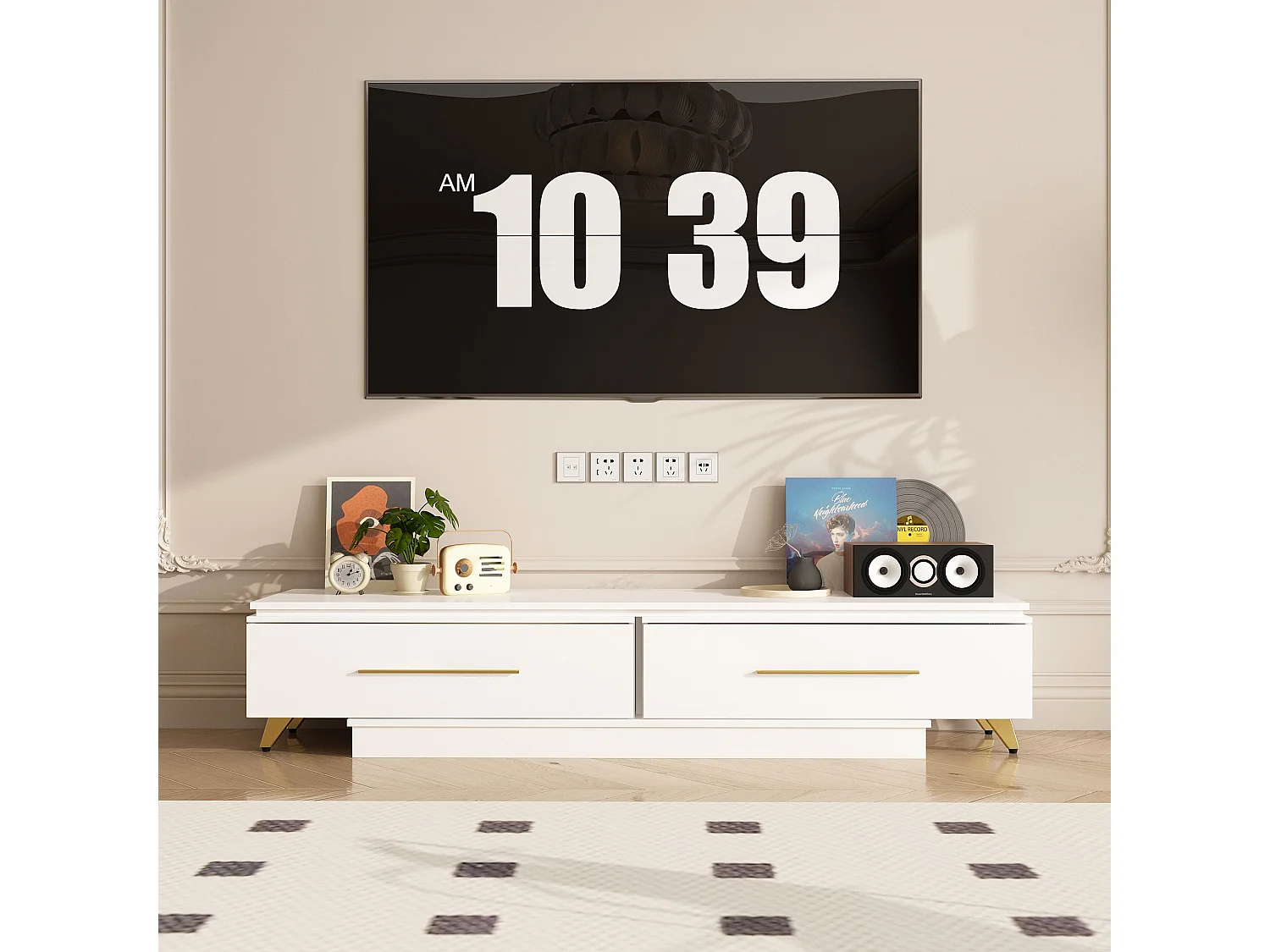 Meuble TV avec longueur réglable,support TV,Meuble bas,2 tiroirs,2 compartiments ouverts,238x30x40cm,Blanc